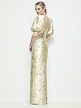 Rear View Thumbnail - Butter Yellow Floral Bateau Neck Floral Satin Column Maxi Dress with Puff Sleeves