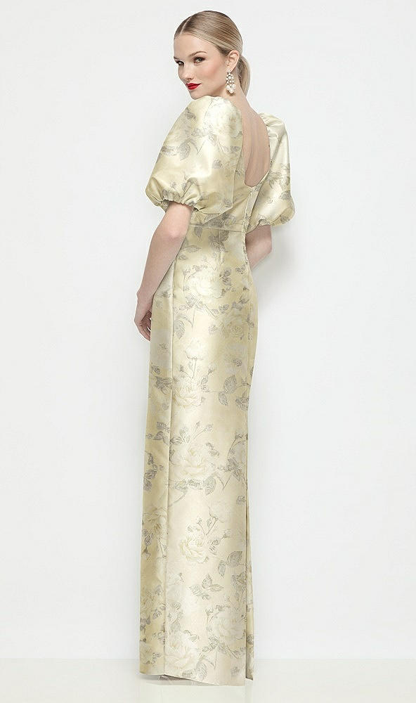 Back View - Butter Yellow Floral Bateau Neck Floral Satin Column Maxi Dress with Puff Sleeves