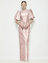 Front View Thumbnail - Bow And Blossom Print Bateau Neck Floral Satin Column Maxi Dress with Puff Sleeves