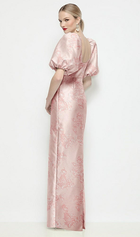 Back View - Bow And Blossom Print Bateau Neck Floral Satin Column Maxi Dress with Puff Sleeves
