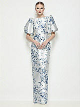 Front View Thumbnail - Cottage Rose Larkspur Bateau Neck Floral Satin Column Maxi Dress with Puff Sleeves