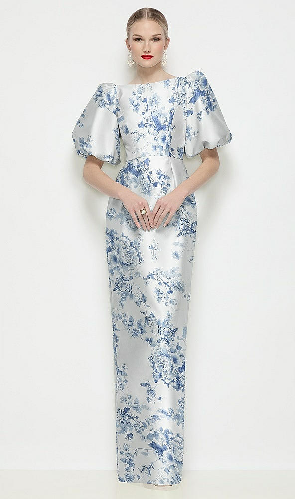 Front View - Cottage Rose Larkspur Bateau Neck Floral Satin Column Maxi Dress with Puff Sleeves