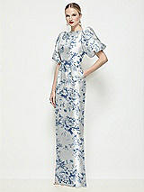 Side View Thumbnail - Cottage Rose Larkspur Bateau Neck Floral Satin Column Maxi Dress with Puff Sleeves