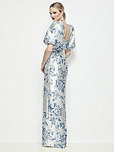 Rear View Thumbnail - Cottage Rose Larkspur Bateau Neck Floral Satin Column Maxi Dress with Puff Sleeves
