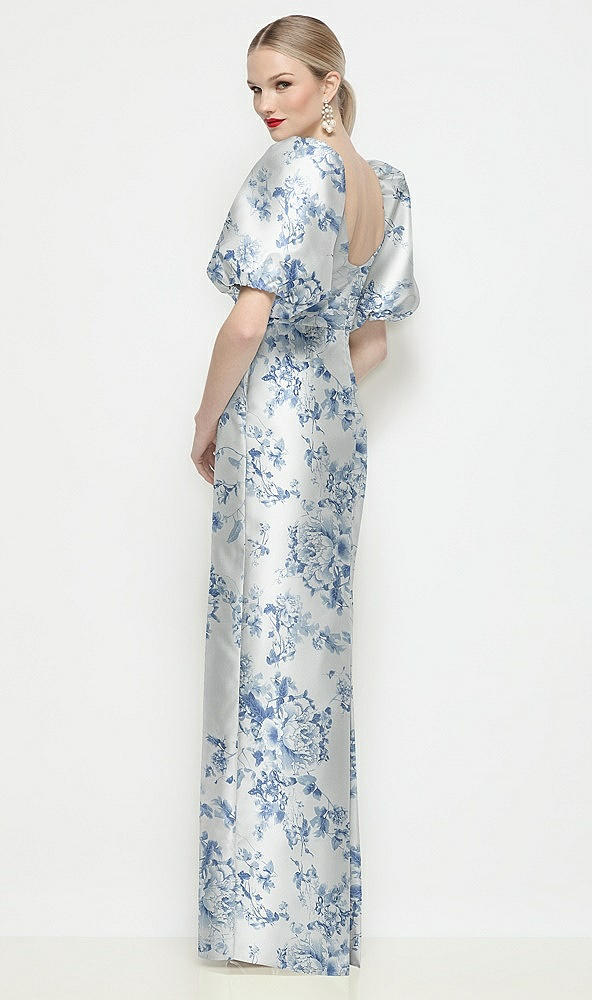 Back View - Cottage Rose Larkspur Bateau Neck Floral Satin Column Maxi Dress with Puff Sleeves
