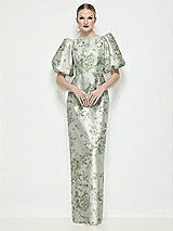 Front View Thumbnail - Sage Cottage Rose Bateau Neck Floral Satin Column Maxi Dress with Puff Sleeves
