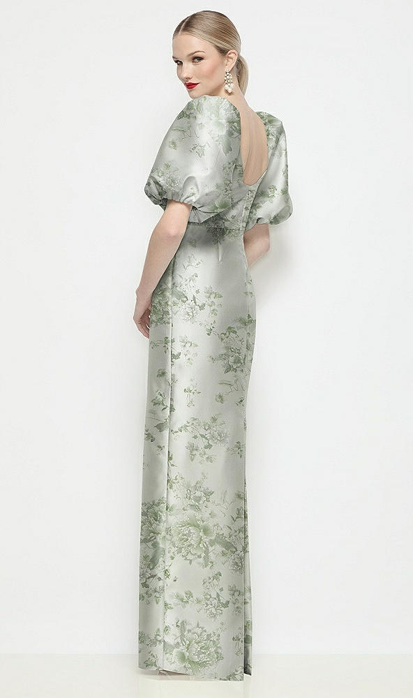 Back View - Sage Cottage Rose Bateau Neck Floral Satin Column Maxi Dress with Puff Sleeves