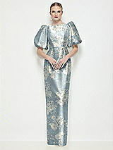 Front View Thumbnail - Porcelain Blue Seraphina Floral Bateau Neck Floral Satin Column Maxi Dress with Puff Sleeves
