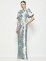 Side View Thumbnail - Porcelain Blue Seraphina Floral Bateau Neck Floral Satin Column Maxi Dress with Puff Sleeves