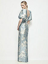 Rear View Thumbnail - Porcelain Blue Seraphina Floral Bateau Neck Floral Satin Column Maxi Dress with Puff Sleeves