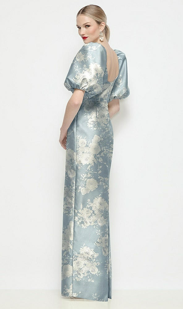 Back View - Porcelain Blue Seraphina Floral Bateau Neck Floral Satin Column Maxi Dress with Puff Sleeves