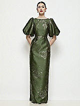 Front View Thumbnail - Olive / Gold Bateau Neck Embossed Gilt Floral Satin Column Maxi Dress with Puff Sleeves