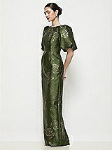 Side View Thumbnail - Olive / Gold Bateau Neck Embossed Gilt Floral Satin Column Maxi Dress with Puff Sleeves