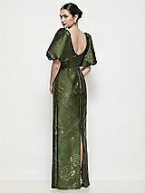 Rear View Thumbnail - Olive / Gold Bateau Neck Embossed Gilt Floral Satin Column Maxi Dress with Puff Sleeves