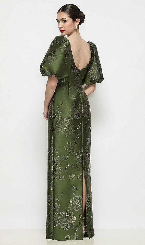 Back View - Olive / Gold Bateau Neck Embossed Gilt Floral Satin Column Maxi Dress with Puff Sleeves
