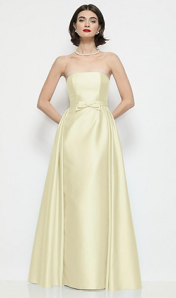 Front View - Butter Yellow Strapless Bow-Waist Satin Column Dress with Overskirt