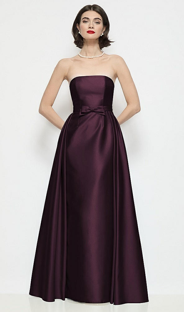 Front View - Deep Plum Strapless Bow-Waist Satin Column Dress with Overskirt