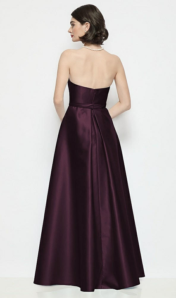 Back View - Deep Plum Strapless Bow-Waist Satin Column Dress with Overskirt