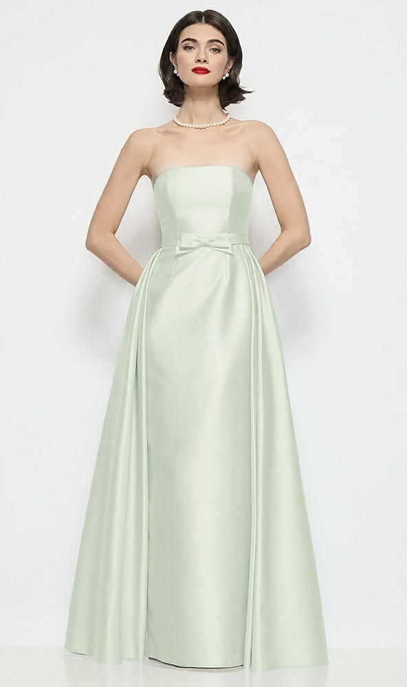 Front View - Mint Green Strapless Bow-Waist Satin Column Dress with Overskirt