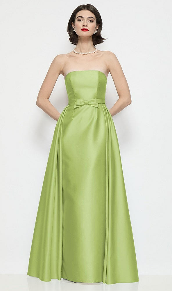 Front View - Mojito Strapless Bow-Waist Satin Column Dress with Overskirt