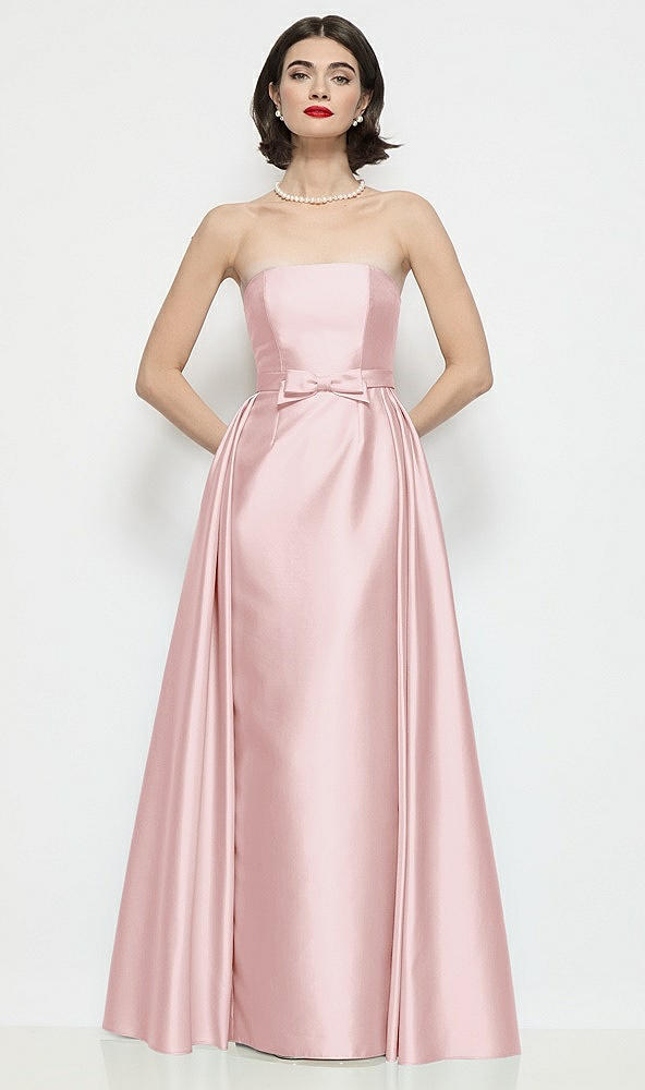 Front View - Ballet Pink Strapless Bow-Waist Satin Column Dress with Overskirt