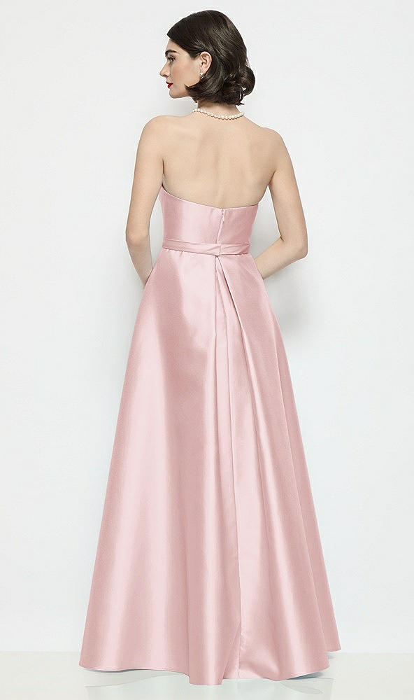 Back View - Ballet Pink Strapless Bow-Waist Satin Column Dress with Overskirt