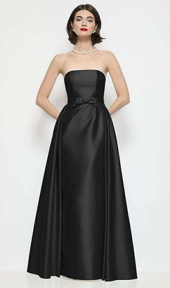 Front View - Black Strapless Bow-Waist Satin Column Dress with Overskirt