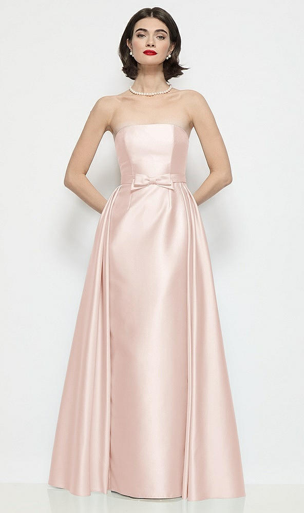 Front View - Blush Strapless Bow-Waist Satin Column Dress with Overskirt