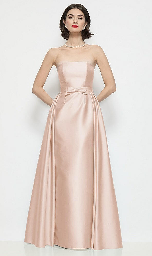 Front View - Cameo Strapless Bow-Waist Satin Column Dress with Overskirt