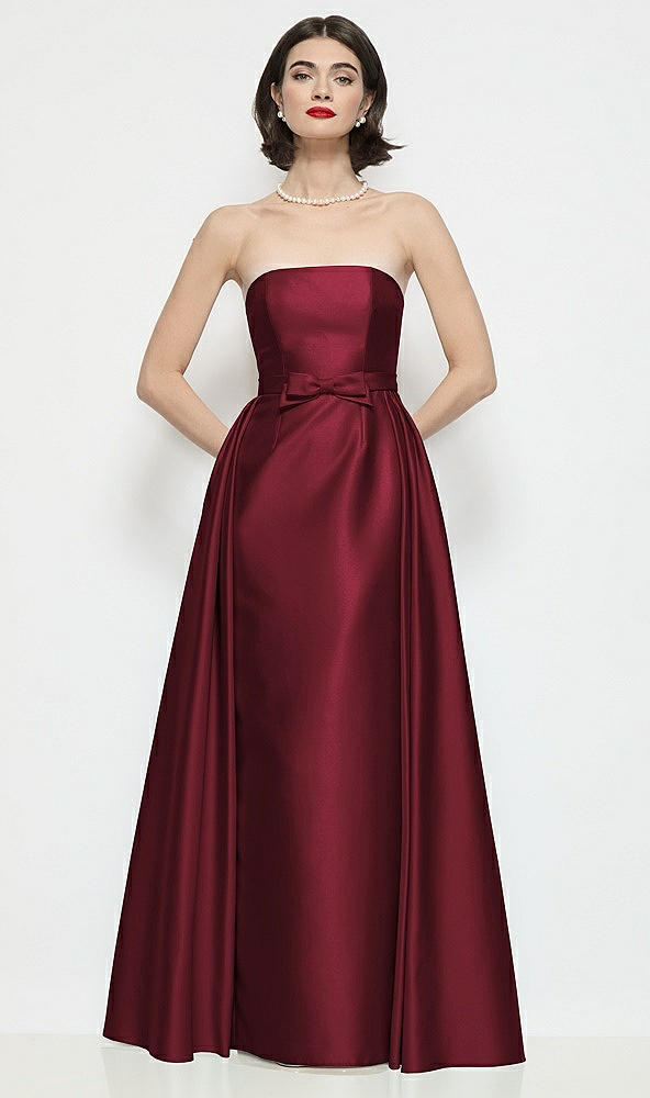 Front View - Cabernet Strapless Bow-Waist Satin Column Dress with Overskirt