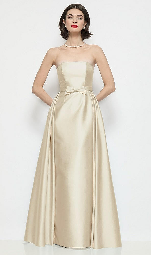 Front View - Champagne Strapless Bow-Waist Satin Column Dress with Overskirt