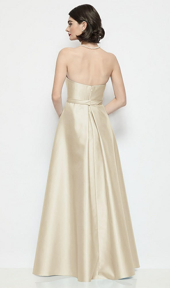 Back View - Champagne Strapless Bow-Waist Satin Column Dress with Overskirt