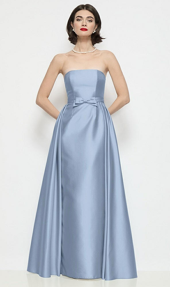 Front View - Cloudy Strapless Bow-Waist Satin Column Dress with Overskirt
