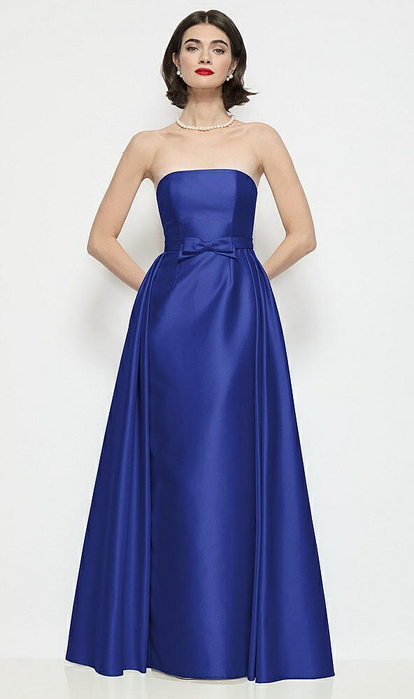 Front View - Cobalt Blue Strapless Bow-Waist Satin Column Dress with Overskirt