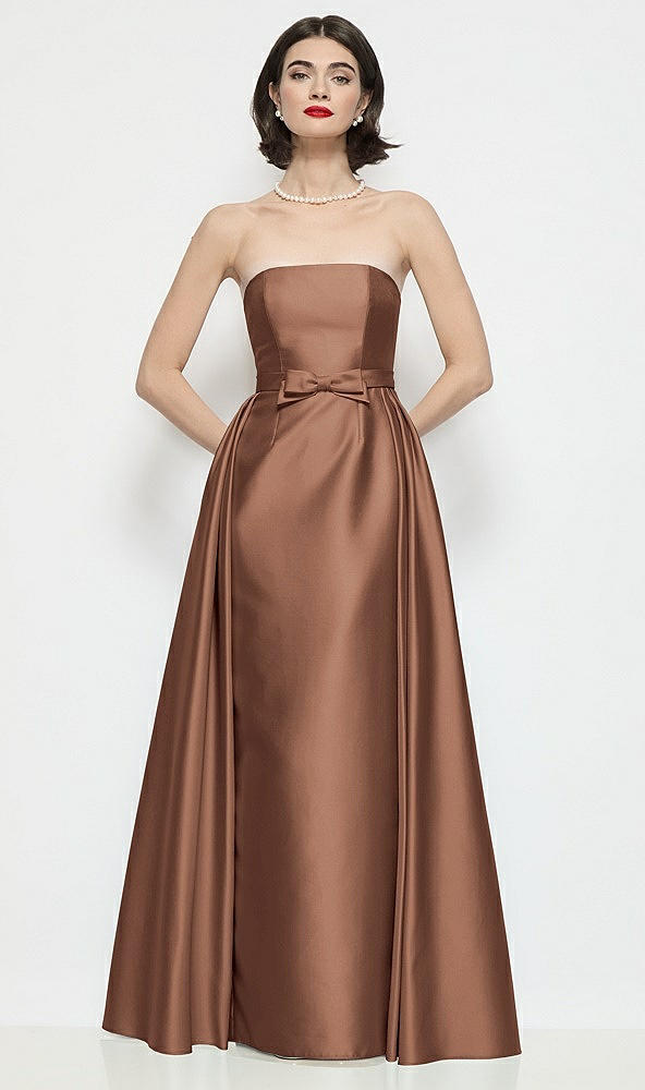Front View - Cognac Strapless Bow-Waist Satin Column Dress with Overskirt