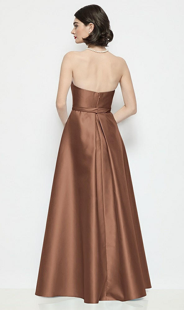 Back View - Cognac Strapless Bow-Waist Satin Column Dress with Overskirt