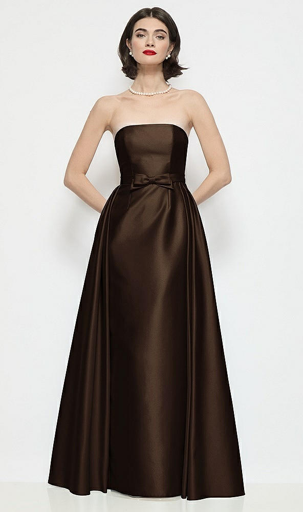 Front View - Espresso Strapless Bow-Waist Satin Column Dress with Overskirt