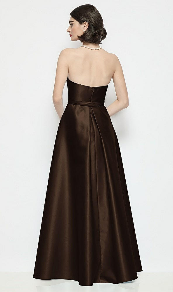 Back View - Espresso Strapless Bow-Waist Satin Column Dress with Overskirt