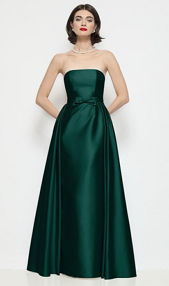 Front View - Evergreen Strapless Bow-Waist Satin Column Dress with Overskirt