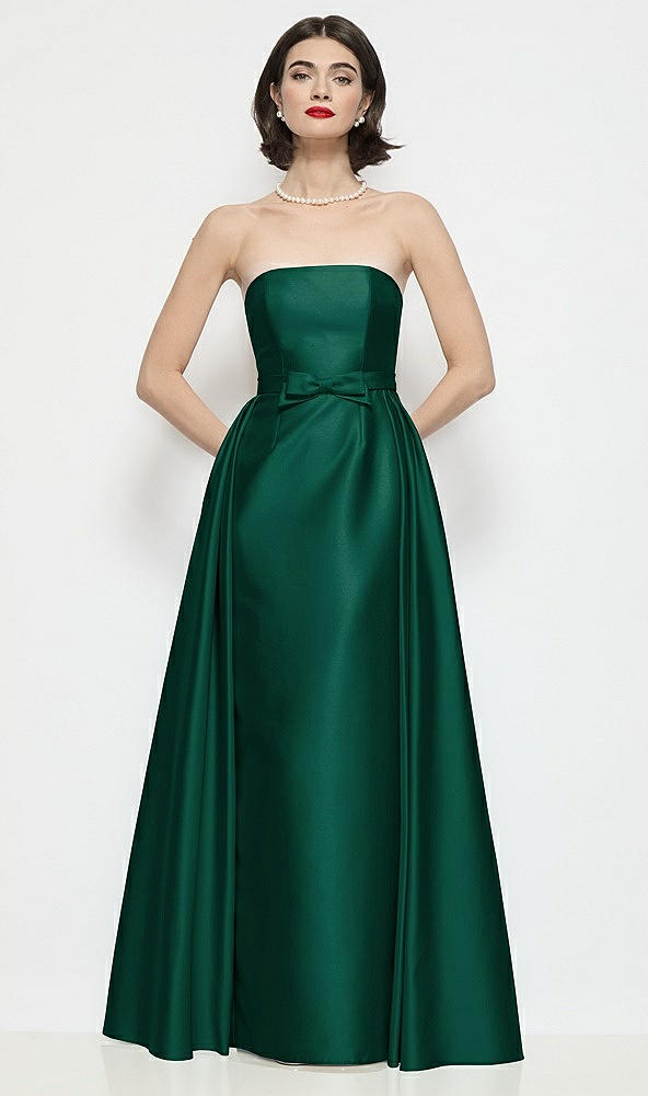 Front View - Hunter Green Strapless Bow-Waist Satin Column Dress with Overskirt