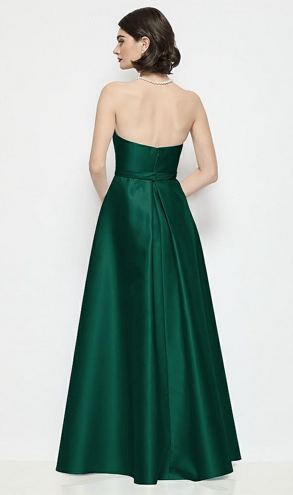 Back View - Hunter Green Strapless Bow-Waist Satin Column Dress with Overskirt