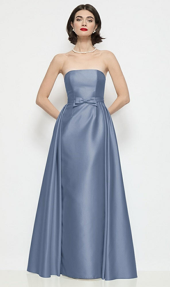 Front View - Larkspur Blue Strapless Bow-Waist Satin Column Dress with Overskirt