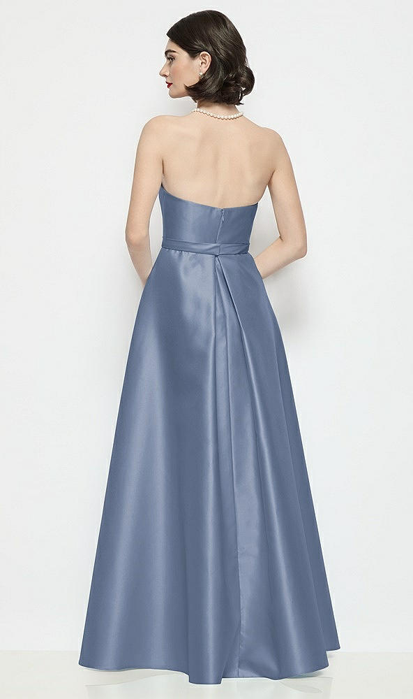 Back View - Larkspur Blue Strapless Bow-Waist Satin Column Dress with Overskirt