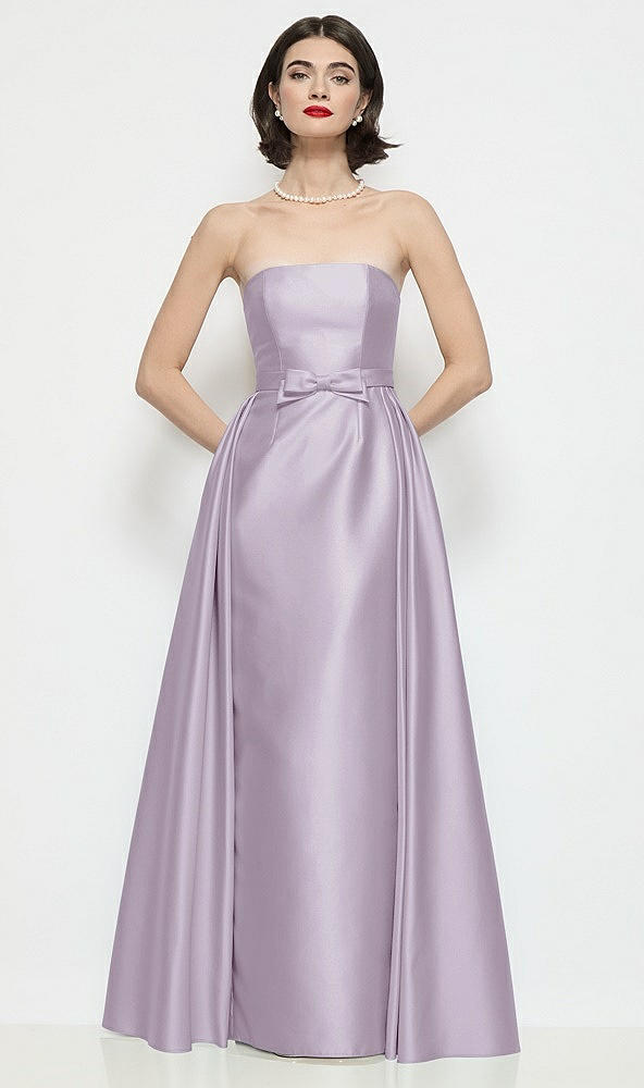 Front View - Lilac Haze Strapless Bow-Waist Satin Column Dress with Overskirt