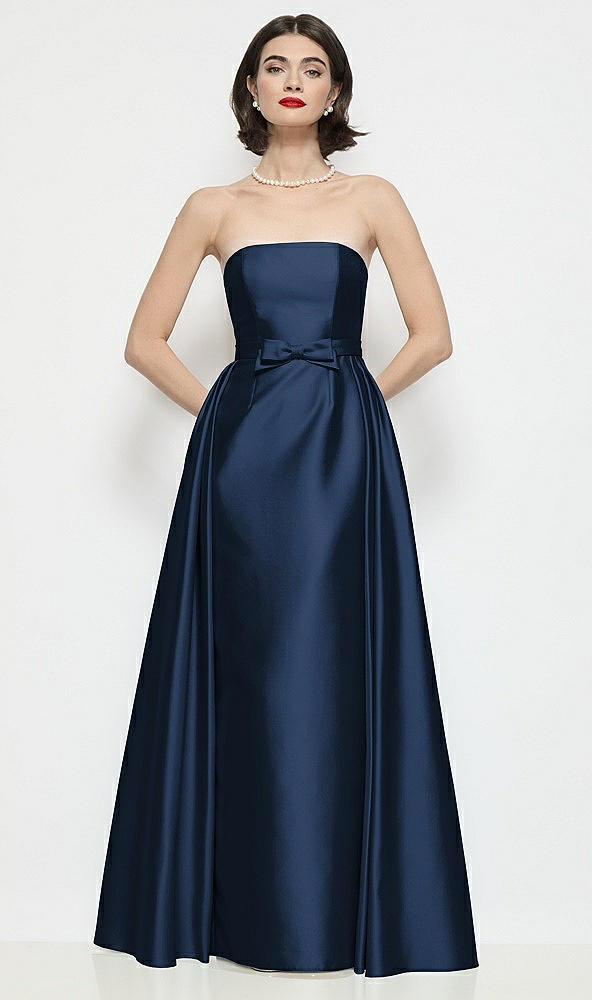Front View - Midnight Navy Strapless Bow-Waist Satin Column Dress with Overskirt