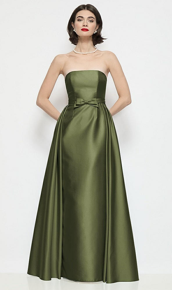 Front View - Olive Green Strapless Bow-Waist Satin Column Dress with Overskirt