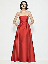 Front View Thumbnail - Poppy Red Strapless Bow-Waist Satin Column Dress with Overskirt