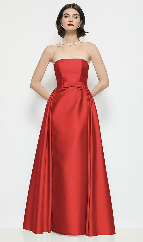 Front View - Poppy Red Strapless Bow-Waist Satin Column Dress with Overskirt