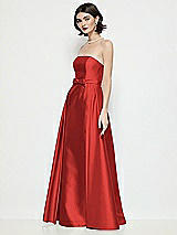Side View Thumbnail - Poppy Red Strapless Bow-Waist Satin Column Dress with Overskirt