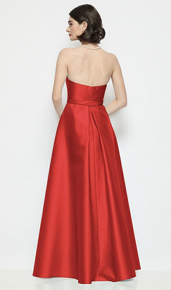 Back View - Poppy Red Strapless Bow-Waist Satin Column Dress with Overskirt